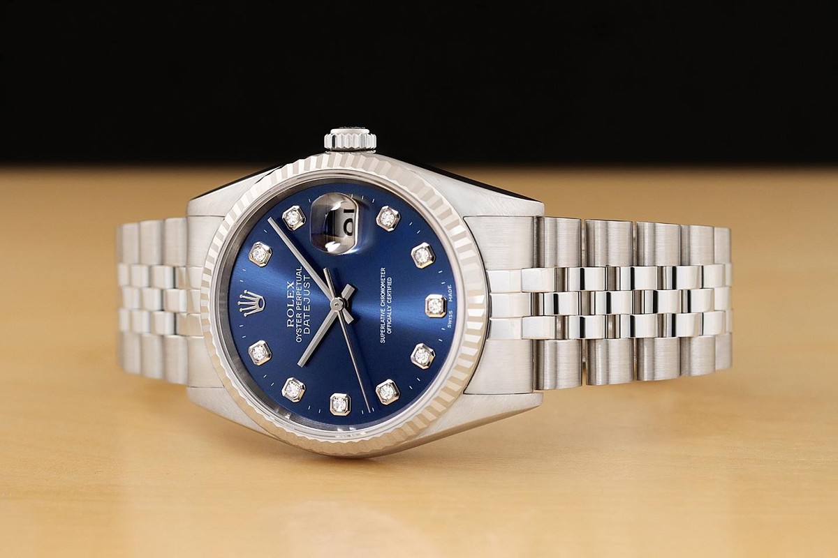 ROLEX MENS DATEJUST 16234 BLUE FACTORY DIAMOND DIAL 18K WHITE GOLD