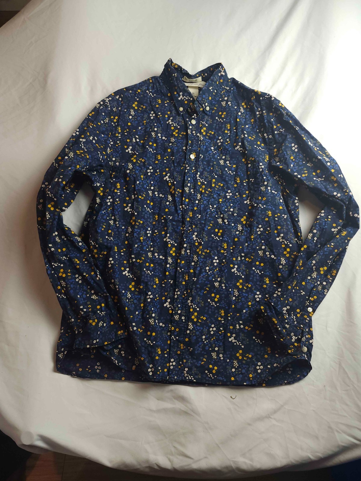 H&M LOGG Shirt Mens Large Blue Floral Button Down Long Sleeve Regular Fit Casual