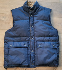 Vintage Down Country Small S Puffer Reversible Vest Blue Tan Duck Down Snap Mens
