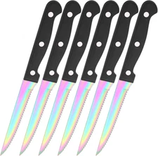 Steak Knife Set of 6, Rainbow Stainless Steel Knives 4.5 Inches, Serrated Sharp 