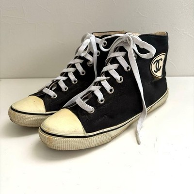 Chanel Vintage Coco Mark Sneakers Shoes Black Canvas Size 37 US About 7 Women