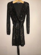New Look Black Sequin Faux Wrap Dress - Size 10