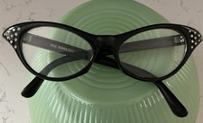 Vintage 1960's Cat Eye Rhinestone Eyeglasses Glasses Black Frames Taiwan ROC
