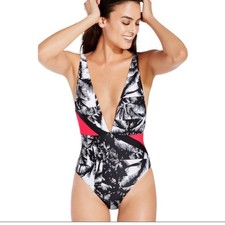 NWT Fabletics One Piece Swimsuit Small Deep V Plunge Maro Tropical Palm