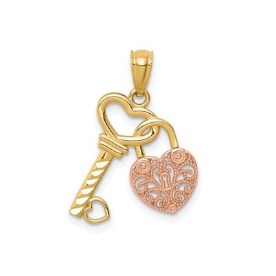 14k Bicolor Gold Massiv Poliert Herz Schlüssel Schloss Anhänger Charm 22,5 mm