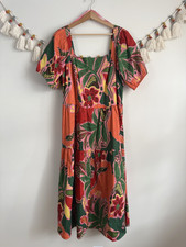 Crystal Sky Vibrant Multicolor Floral Puff Sleeve Smock Midi Dress Boho Beach 2x