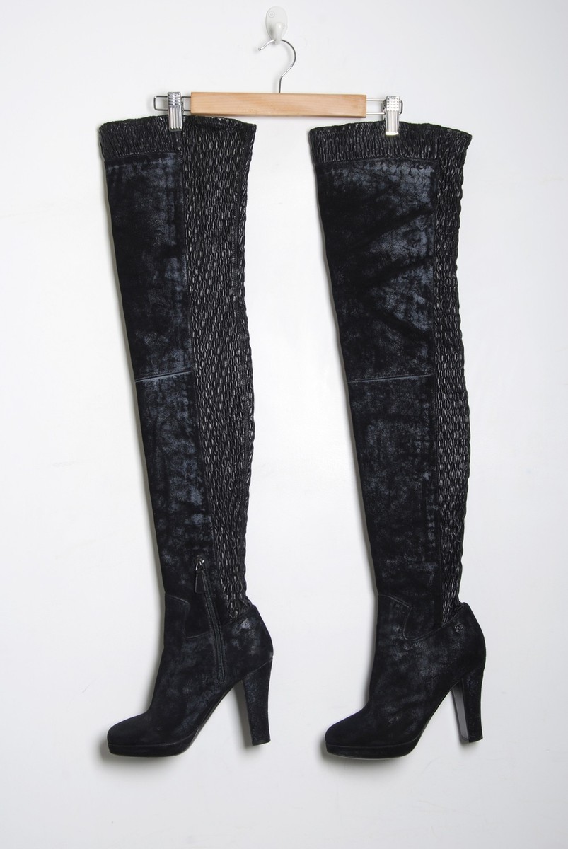 CHANEL Over-the-Knee Boots Black Suede High Block Heels