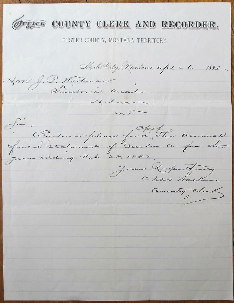 Miles City, MT 1882 Letterhead Custer County Clerk & RecorderMontana