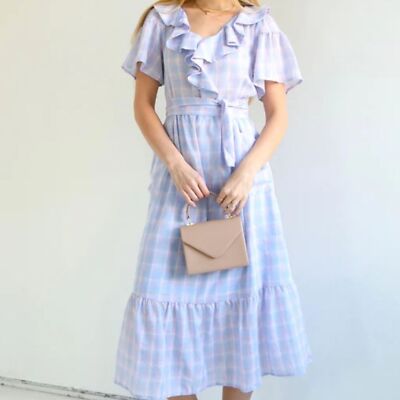 Adore Vintage Calista Collection Blue Plaid Chiffon Midi Dress Size Medium