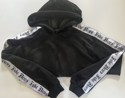 “FAKE NEWS” LONG SLEEVE CROPPED MESH HOODED SHIRT ADULT S