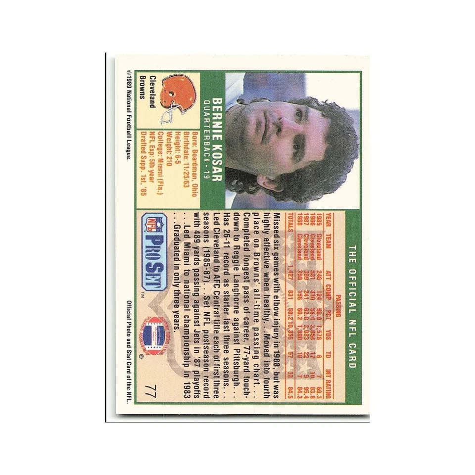 Bernie Kosar 1989 Pro Set #77 Cleveland Browns Football Card NM - Image 2 of 3