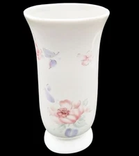 Vintage FTD Floral Vase White Ceramic Pink Purple Flowers 6.5 Inch Mothers Day