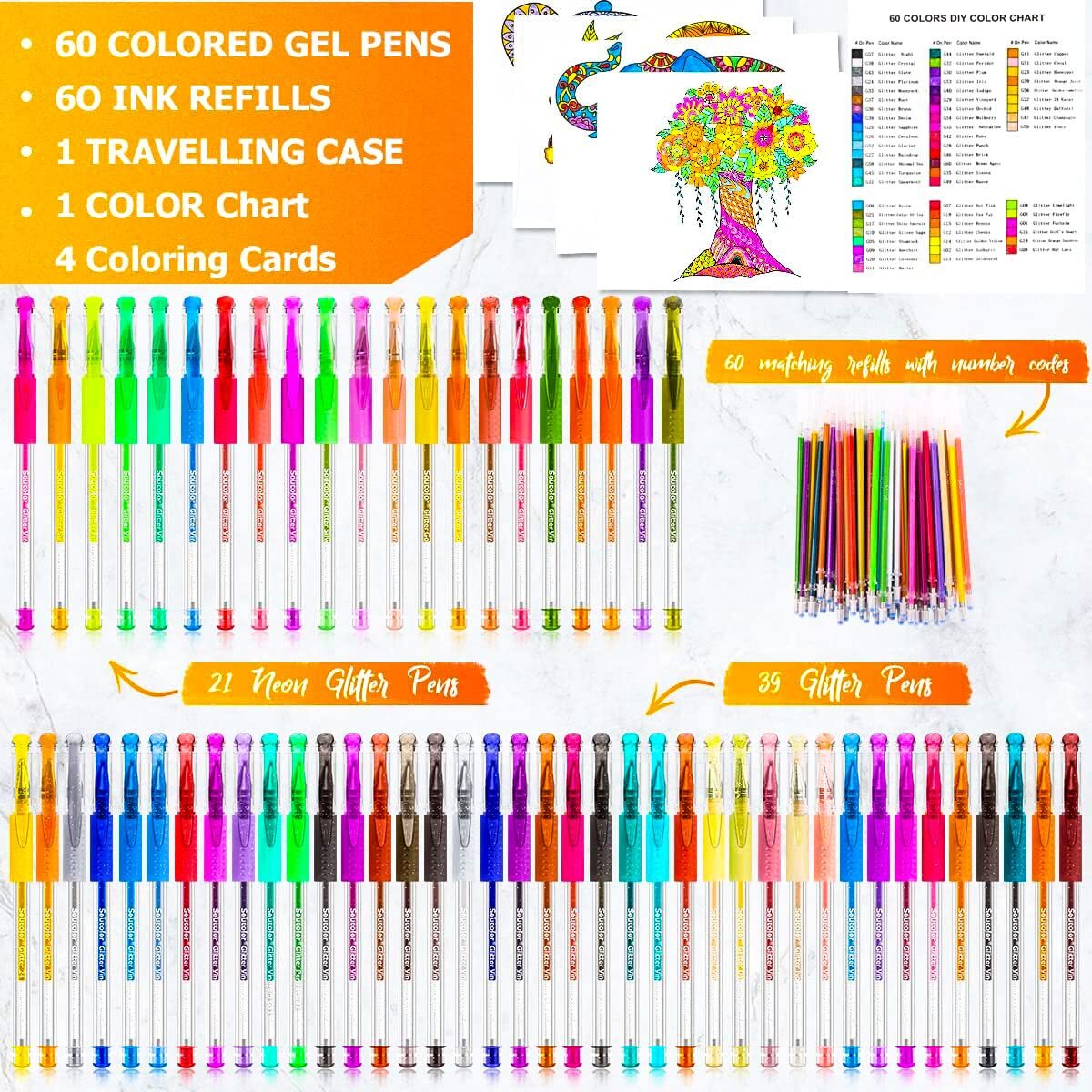 Soucolor Glitter Gel Pen Coloring Book Travel Case Refills Ink Marker Set 120PCS