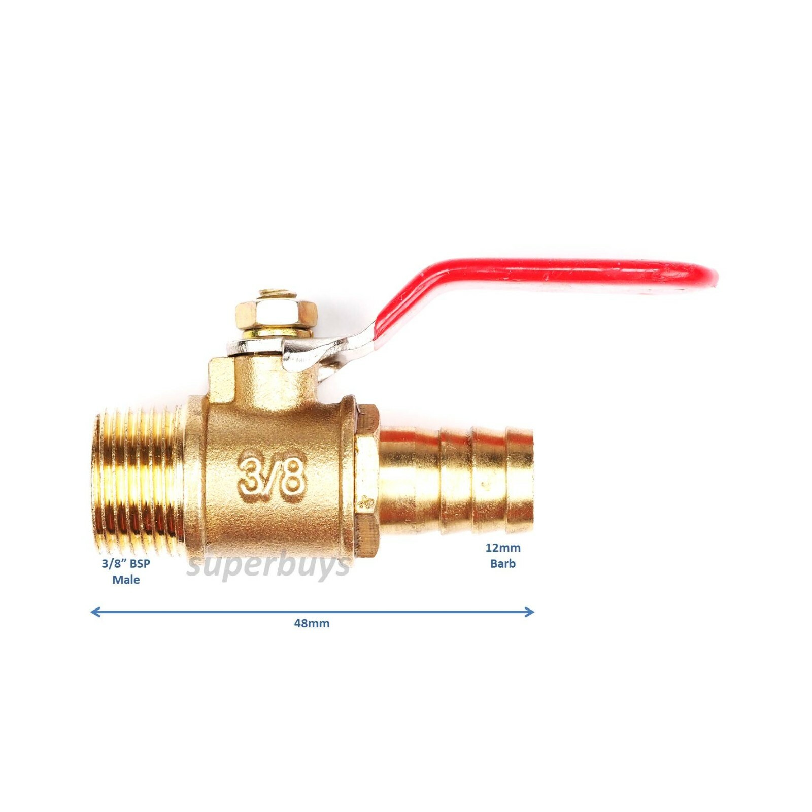 3/8" Male BSP Brass To 12mm Hose Barb Shut Off Valve Cock Tap Inline