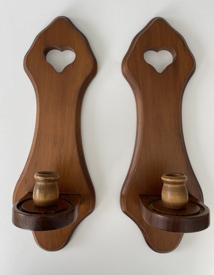 Pair Vintage Wood Wall Sconce Candle Holder Heart Shabby Chic Made in