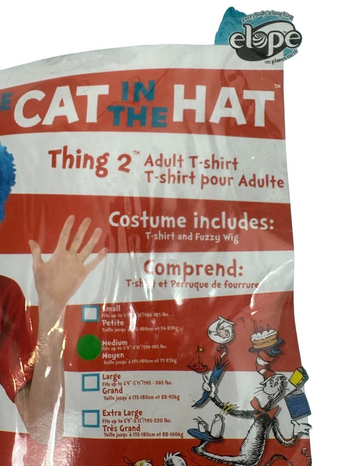 Dr Seuss Gato en el Sombrero Adulto Halloween Disfraz Cosa 2 Camiseta Azul Peluca Mediana Foto 4 de 4