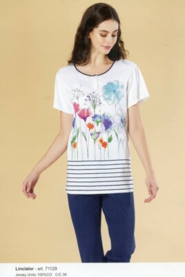 Schlafanzug Serafino Von Damen Kurzarm Lange Hosen aus Baumwolle Linclalor 71129