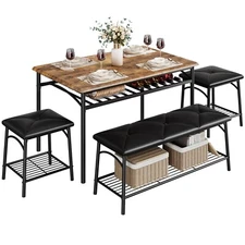 Dining Set Table with Wine Rack and 2 Upholstered Stools Bench for Small Kitchen