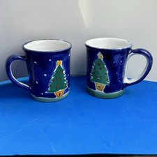 2 Hand Painted Italian Christmas Tree Hot Cocoa Coffee Mugs 16oz Kata Pottery