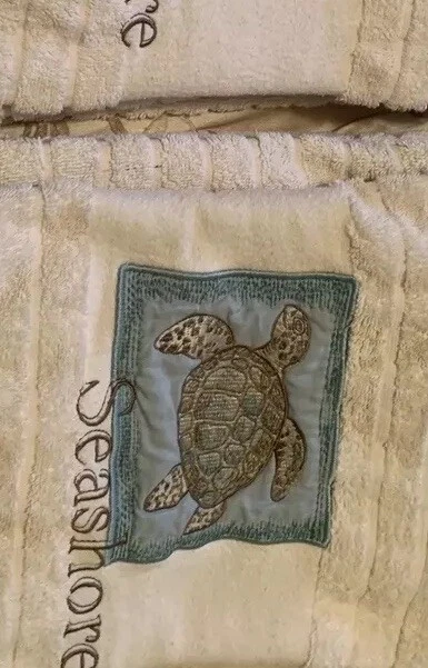 Lote De 4 Toallas Temáticas Playa Tortuga Oceánica Marfil Turquesa Bordadas Foto 2 de 4