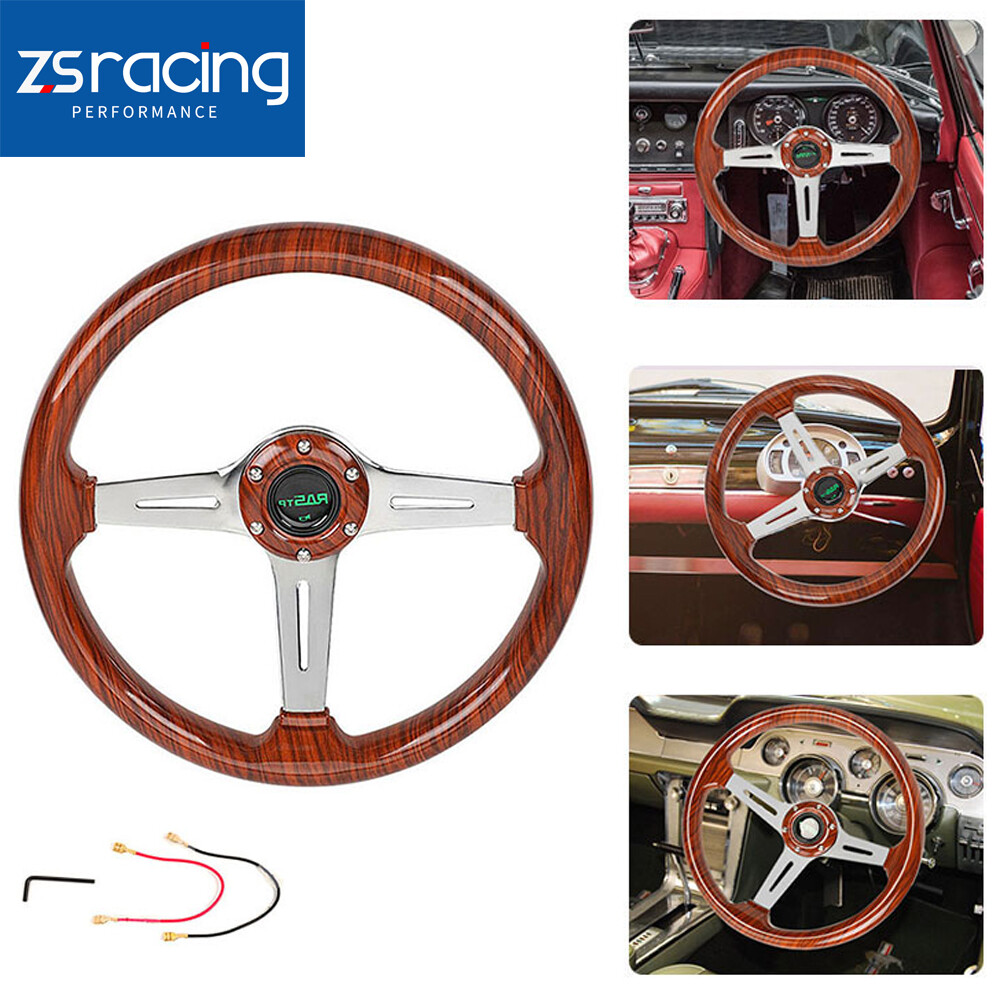 14'' Universal Wooden Steering Wheel Wood Grain Trim Silver Chrome