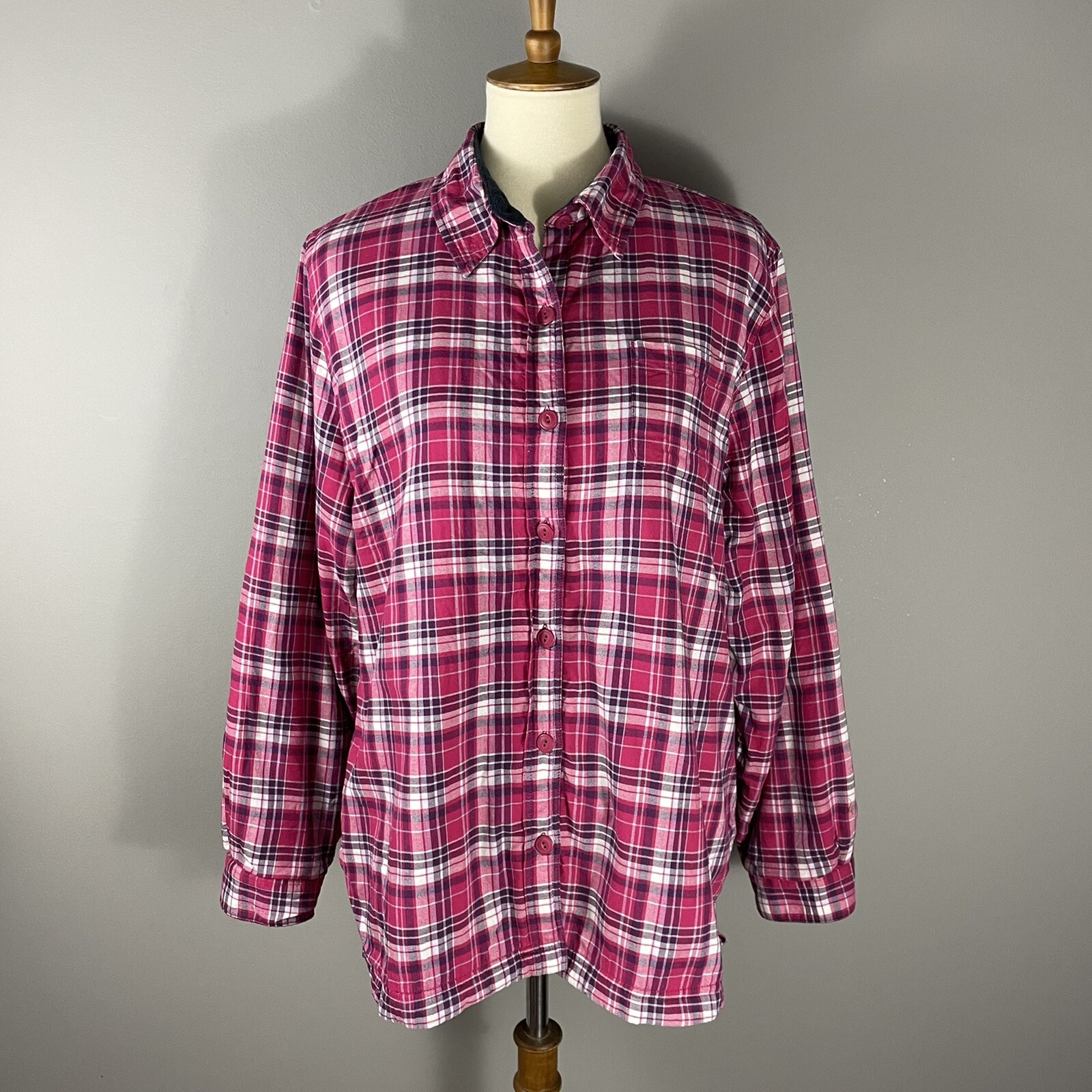 LL Bean Fleece Lined Pink Plaid Button 