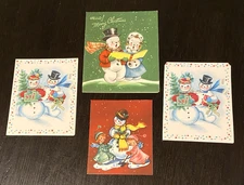 1950's Snowman Christmas Cards Lot of 4 Unused with Original Envelope Smaller