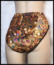 GLOSSY Vintage JEWEL Print PANTIES Shiny SATIN Hi-Cut BRIEF Bow Gold L/7