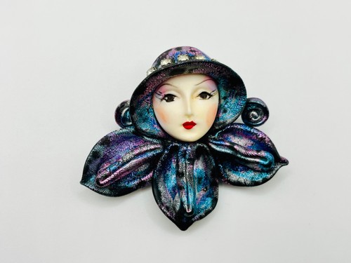 Vintage Iridescent Purple Fantasy Lady Face Brooch ~ 1980s Hand Painted