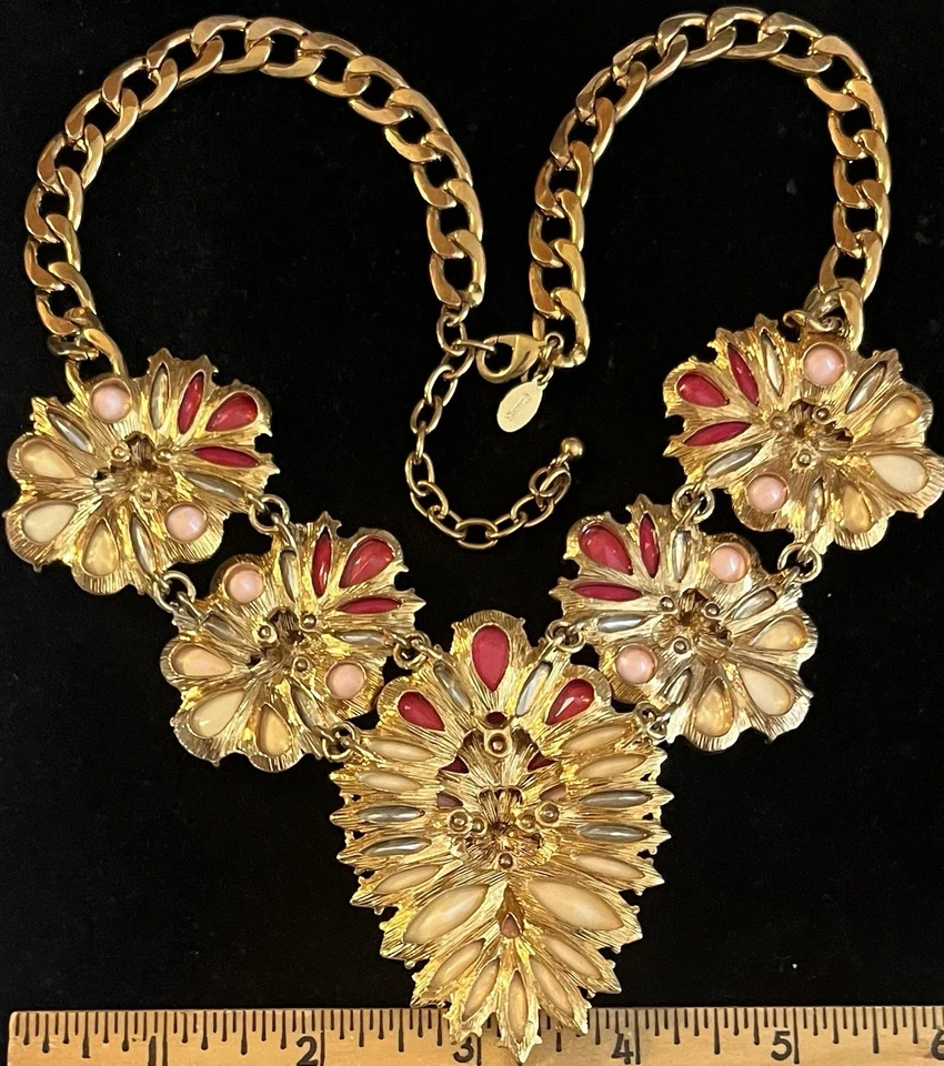 Joan Rivers Signed Pink Rhinestone Enamel Bib Gold Tone Statement Necklace 20" - Image 2 of 3
