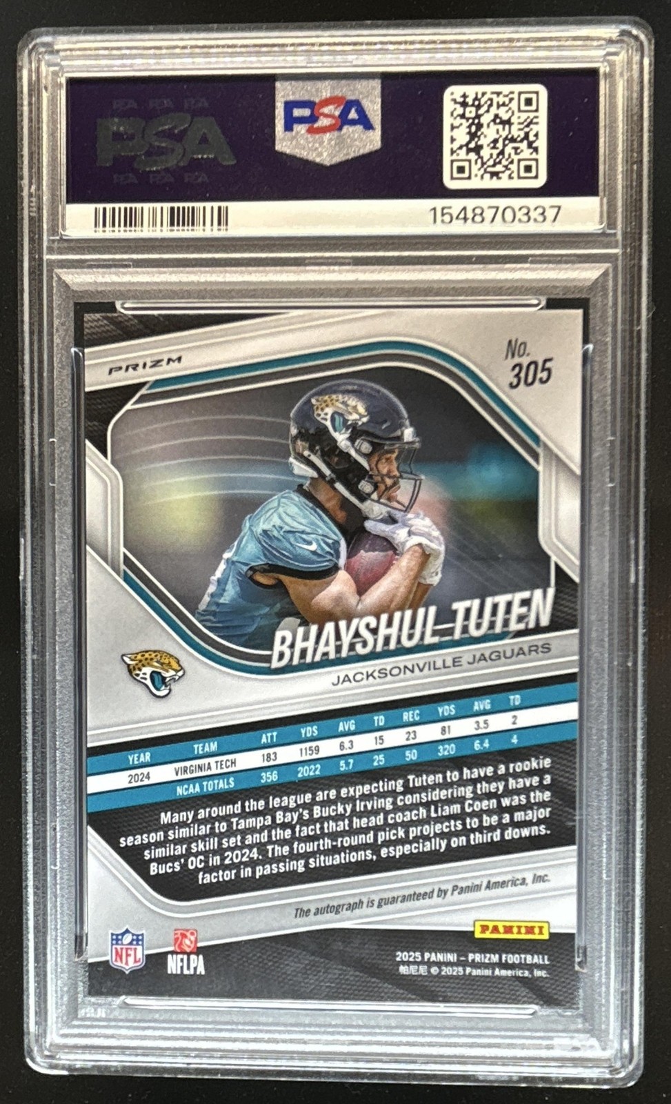 2025 Panini Prizm Bhayshul Tuten Rookie Auto RC Silver #305 Jaguars PSA 10 view 2