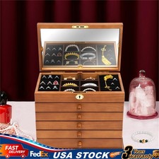 6 Tiers Wooden Jewelry Storage Box Bracelet Watch Organizer Drawers Lock Mirror