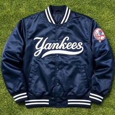 NY Yankees Blue Satin Bomber Style Varsity Jacket Vintage 90s Athletic Jacket