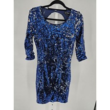 Sequin Hearts Juniors 5 Knee Length Bodycon Dress Blue Silver Sequins 3/4 Sleeve