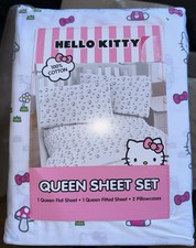 NEW Hello Kitty Mushrooms and Flowers Spring Queen Sheet Set 100 Cotton