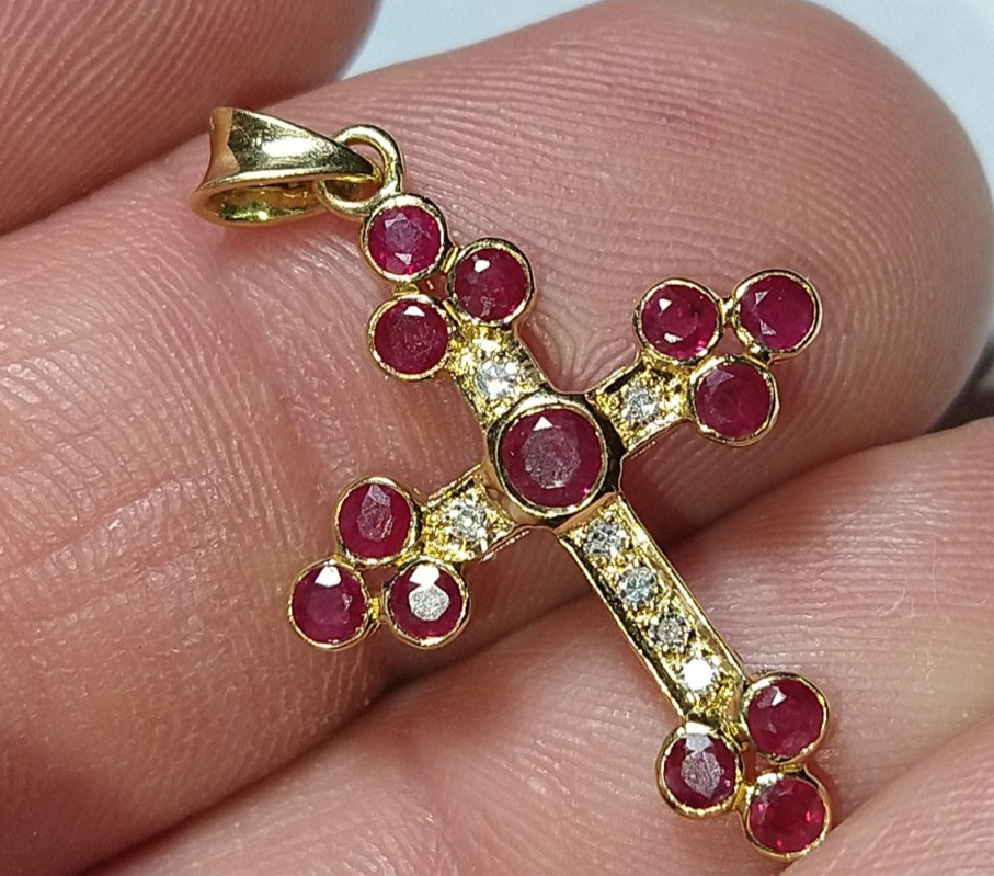 Solid 18k gold natural ruby diamond cross pendant… - image 3