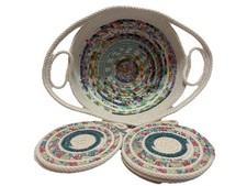 Handmade Fabric Cotton Woven Coil Rope Storage Boho Basket Teal Rose  White