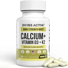 Swiss Activa+ Calcium with Vitamin D3 & K2 ~ Vegan, Non-GMO Bone & Teeth Support