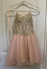 Blondie Nites Homecoming Dress Blush Gold Corset Lace Up Bodice Tulle Size 3