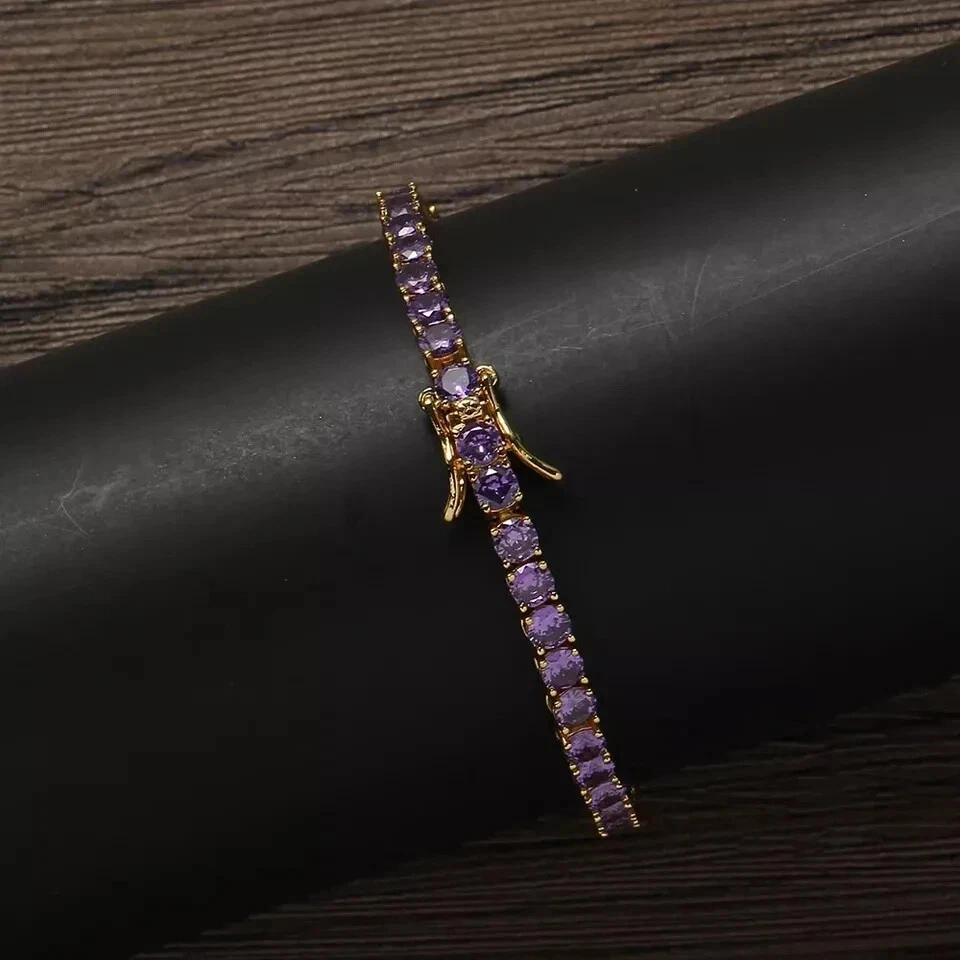 6CT Round Cut Lab Created Amethyst Men's Tennis Bracelet 14K Yellow Gold Finish - Image 2 of 3