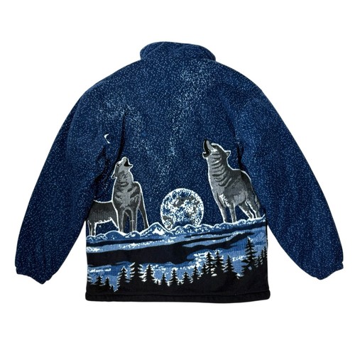 Vintage Wolf Graphic Print Sherpa Fleece Size Medium Blue Boston 90s Nature - Picture 2 of 6