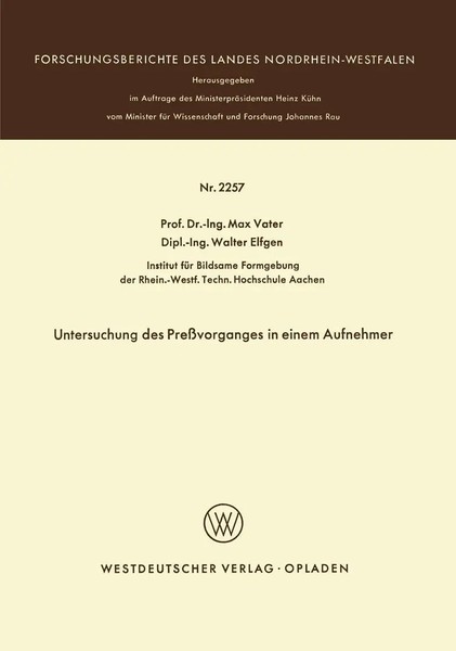 Untersuchung Des PreßVorganges In Einem Aufnehmer | Max Vater | Taschenbuch-image