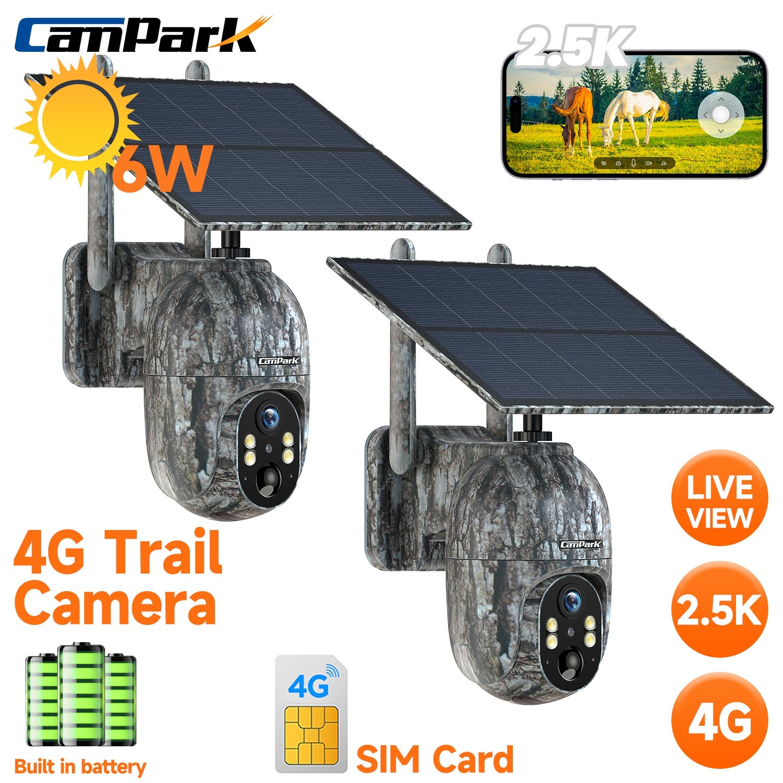 2x Solar Security Camera 4G LTE Live View Hunting Cam 2.5K PTZ Cam 15000mAh