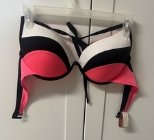 Neon Colorblock Bikini Top Pink Black White 36D / 80D 80  s Style Padded Bikini