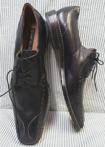 MEZLAN~NEW!!~PINO BLACK LEATHER MENS 14M LACE-UP DRESS OXFORDS GRAY TOPSTITCH