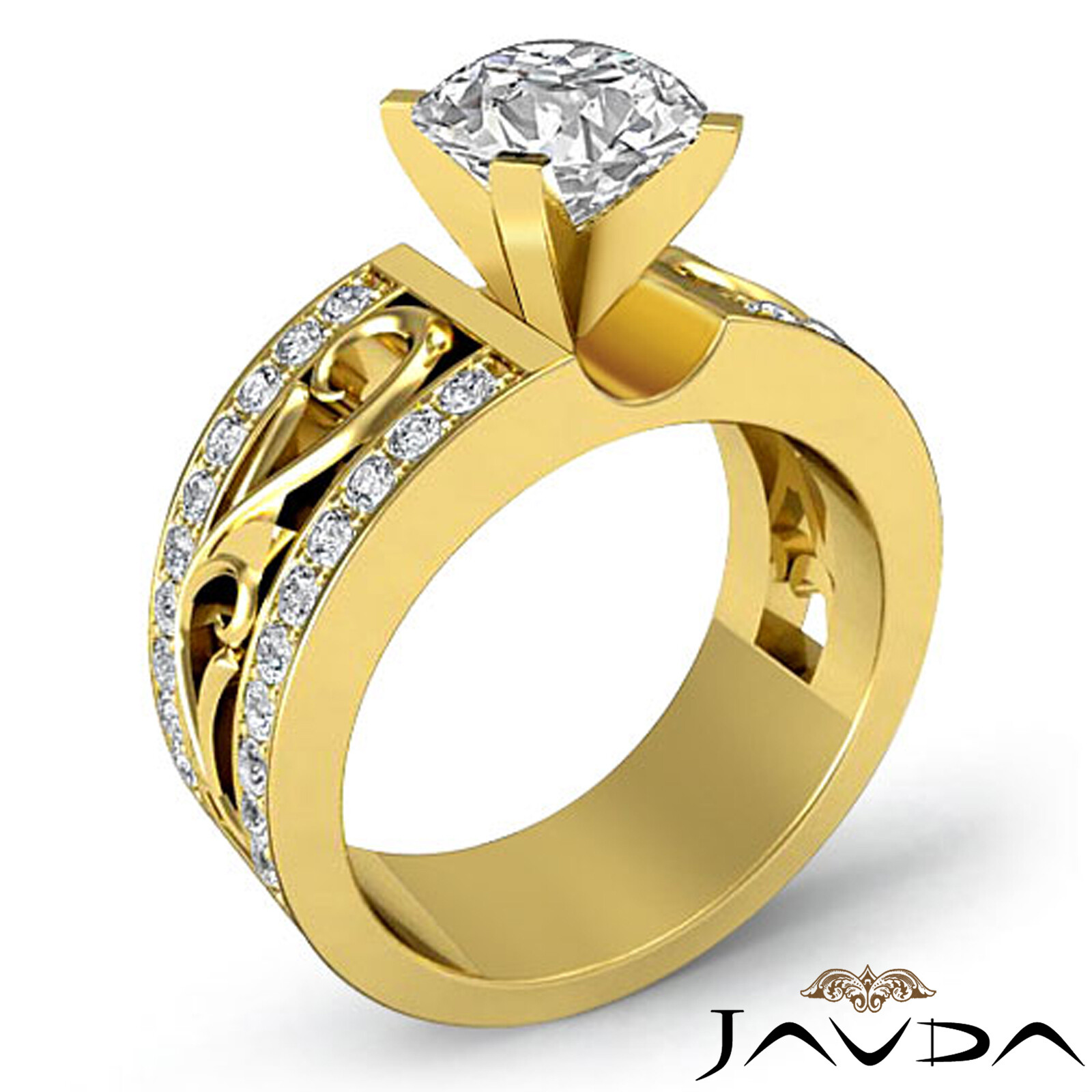 Filigree Leaf Motif Design Round Diamond Engagement Pave Ring GIA H VS2 ...