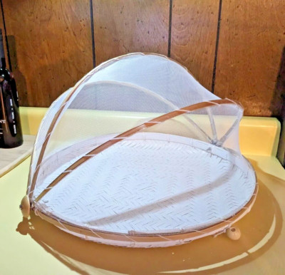 Anti Bug Mesh Umbrella Picnic Food Tent Tray Rattan & Bamboo White Woven 15''