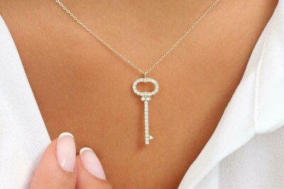 Stunning Key Fancy Pendant Round Cut Simulated Diamond In 14K White Gold Plated