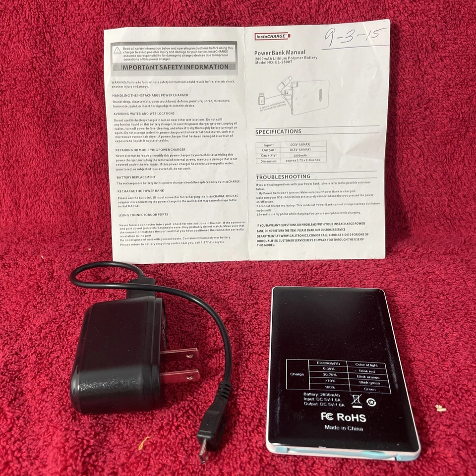 Banco de alimentación, cargador de teléfono, Instacharge 2800 mAh banco de alimentación cargador adaptador manual Foto 2 de 3