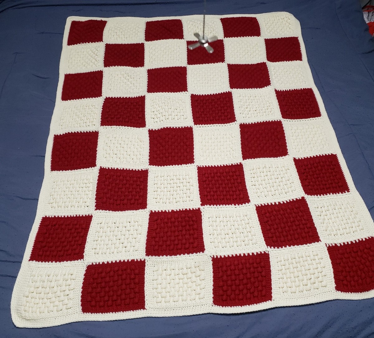 Vtg Quilt Crochet Blanket Granny Square Afghan Throw Red White 55
